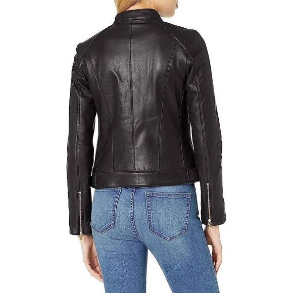 Cole Haan Women's Size Medium Racer Leather Jacket Black Moto Style EUC Classic - Picture 6 of 9